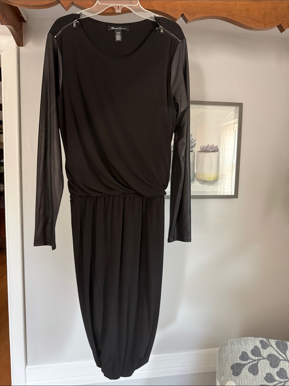 Black Long-Sleeve Faux-Leather Sleeve Dress by Kenneth Cole. Size 6